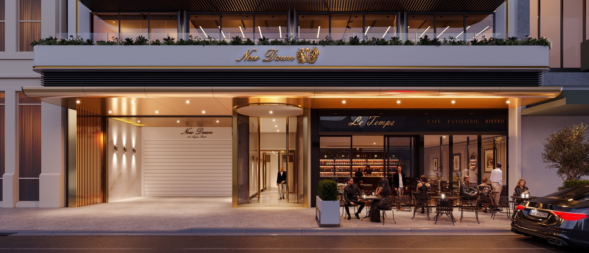 The New Dawn entrance and Le Temps café at street level, with the canopy, first-floor planters and heritage neighbour beside it.