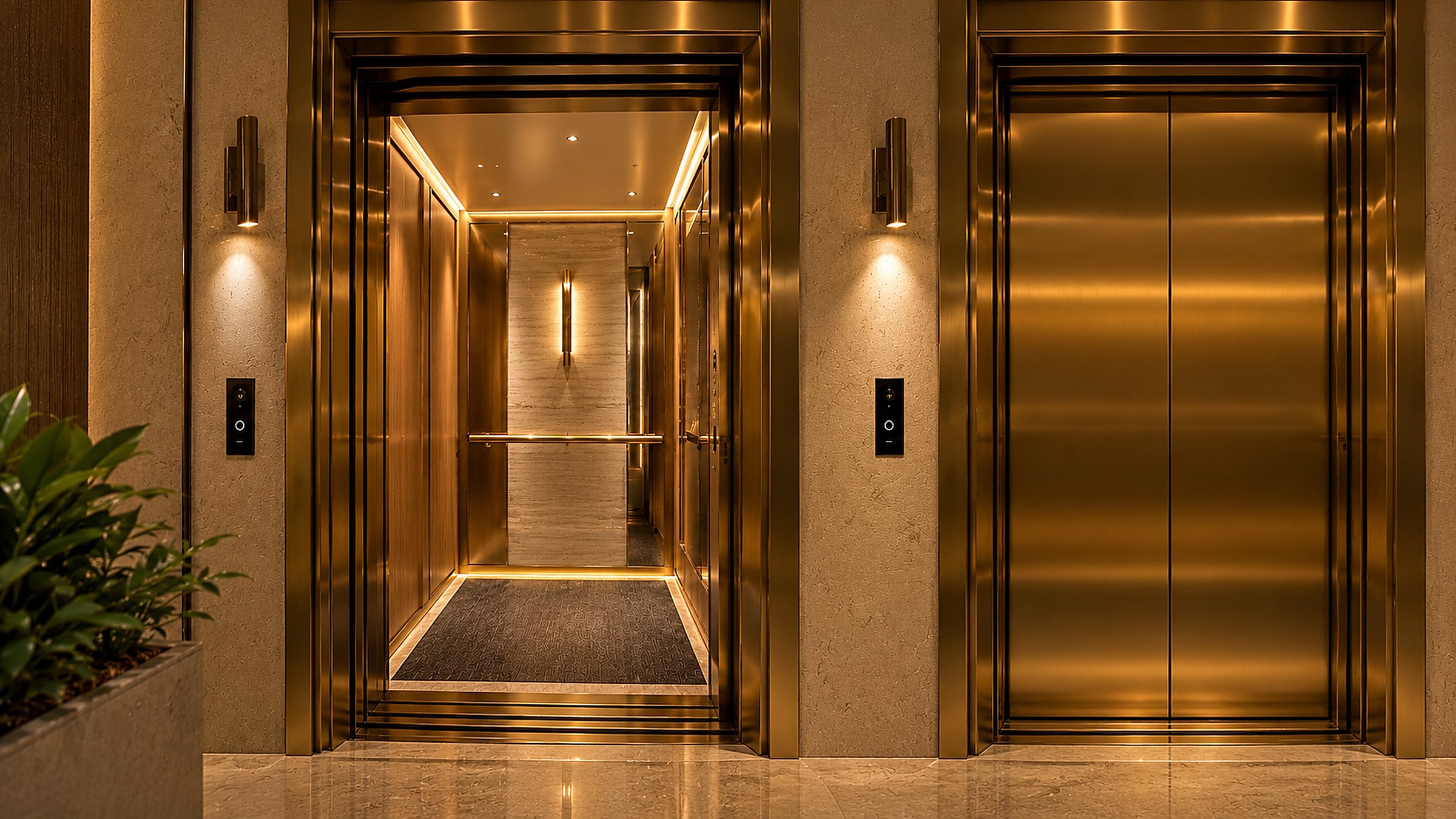 The private access lift in brass and warm timber, with the doors open and a second lift beside it.
