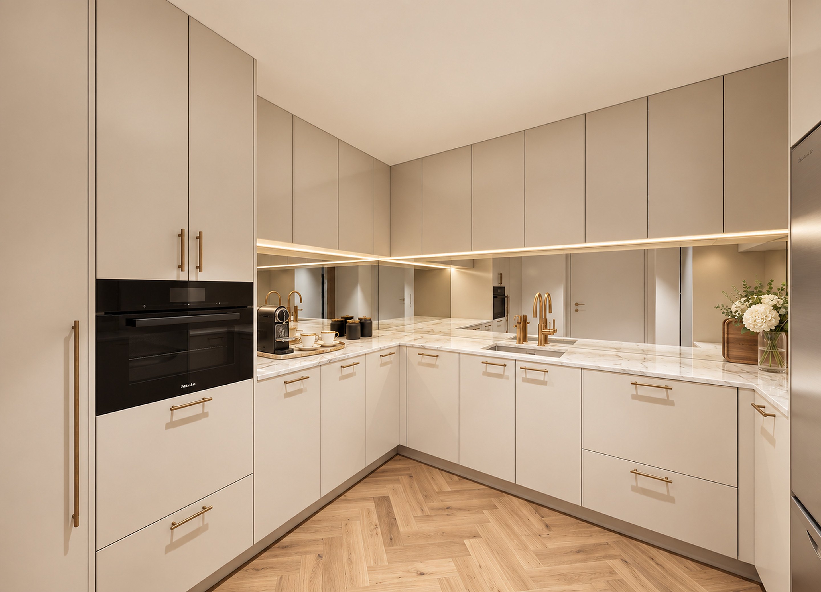 The concealed butler’s kitchen, with soft two-pack joinery, brass handles, a mirrored splashback, marble benchtops and a Miele oven.