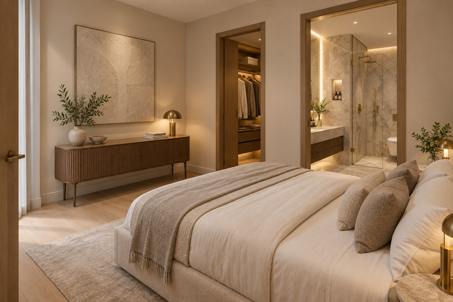 Second bedroom with a cream upholstered bed and timber sideboard, the walk-in robe and private ensuite with a single shower beyond.