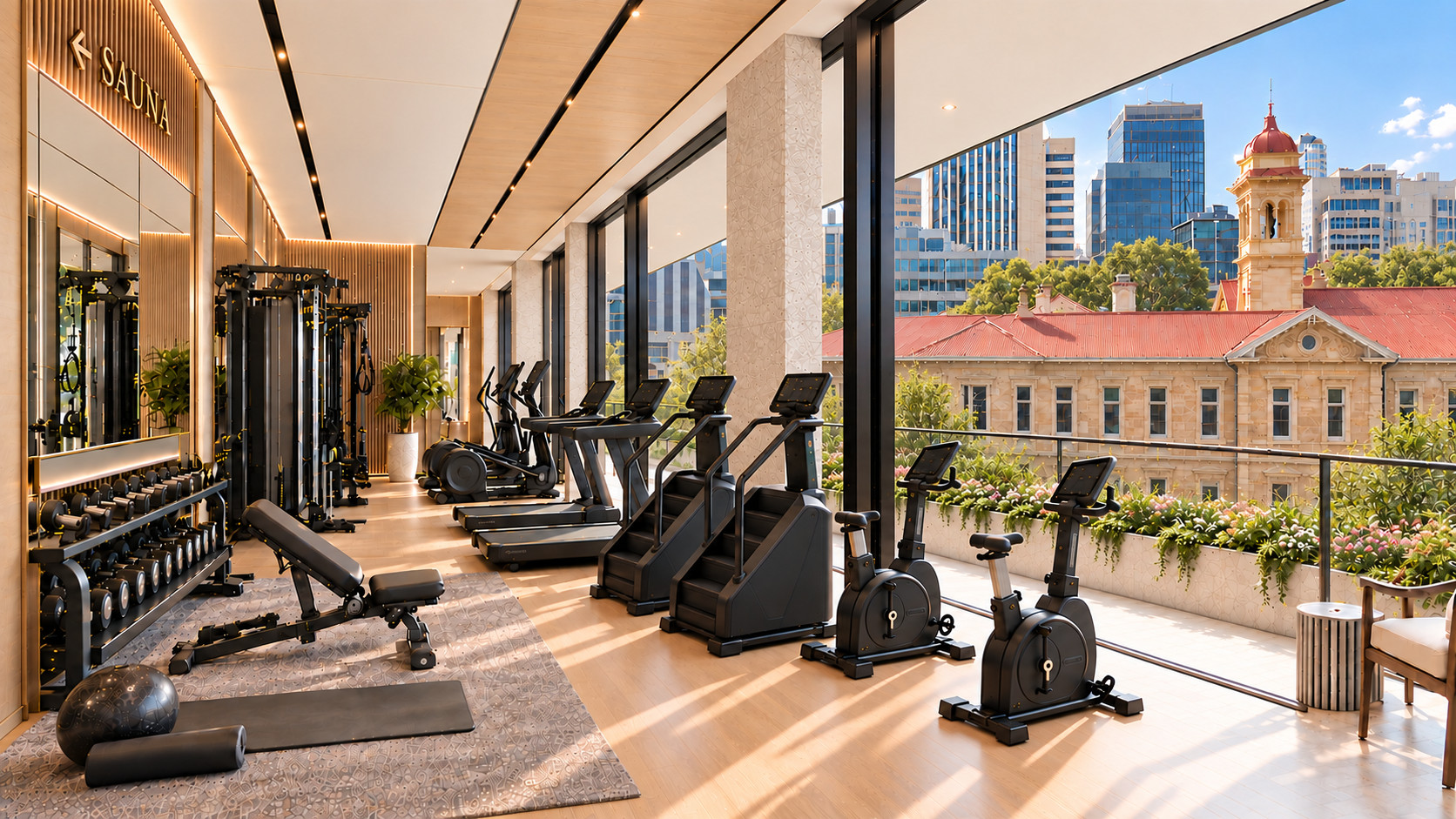 Residents' gymnasium with timber floors, cardio and weights equipment, a sauna entry and city views through full-height glass.